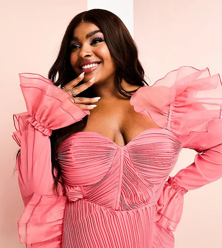 ASOS LUXE Curve organza ruffle ruched long sleeved mini dress in pink