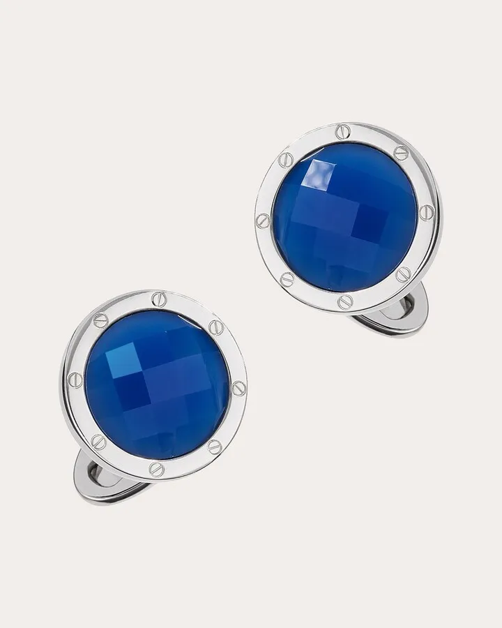 Etched Faceted Blue Agate & Sterling Silver Cufflinks