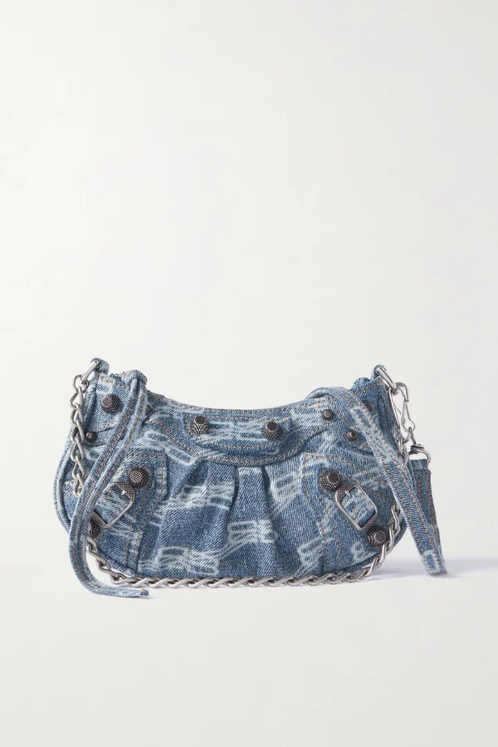 Balenciaga - Le Cagole Mini Studded Printed Denim Shoulder Bag - Blue