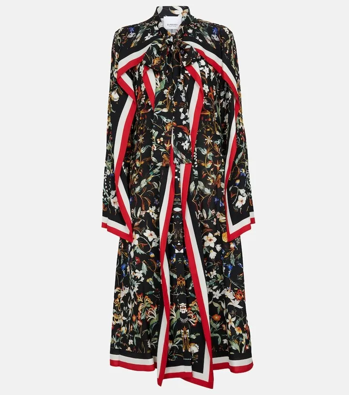 Floral foulard-trim silk midi dress