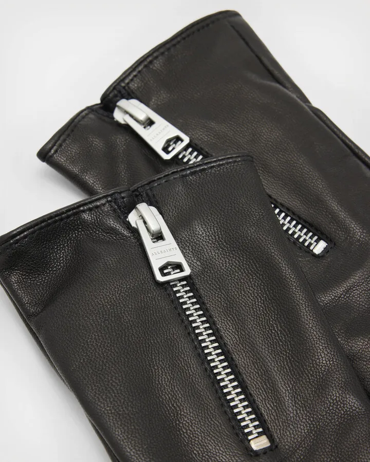 Sara Zip Leather Gloves - Black
