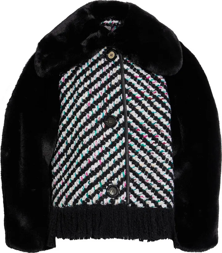 Faux fur-paneled wool-blend bouclé coat