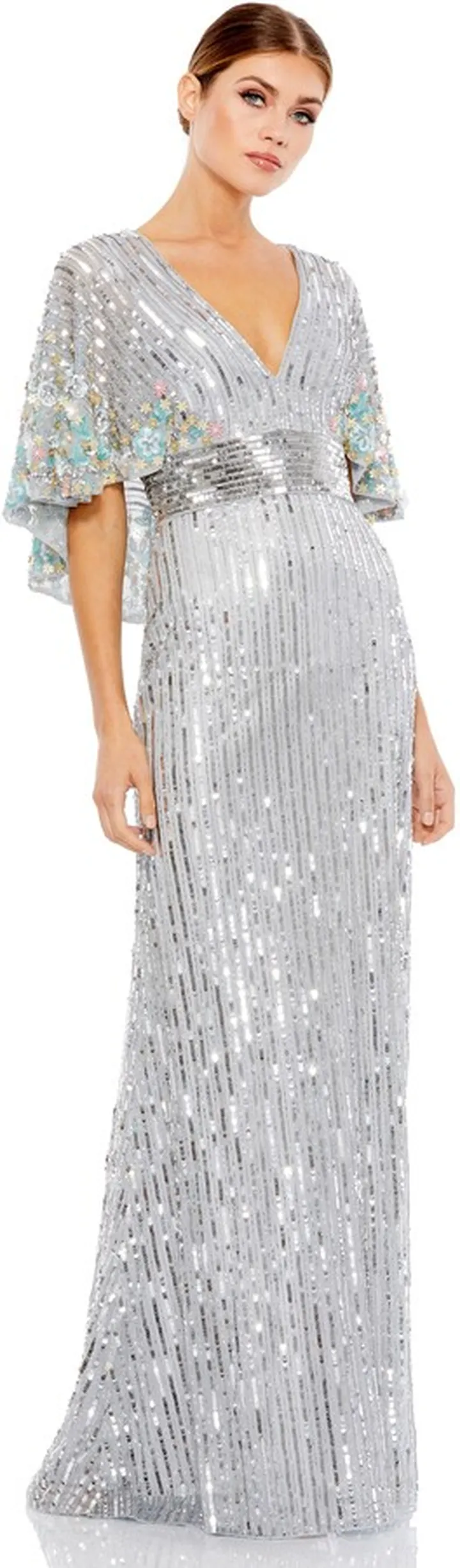 Sequined V Neck Floral Embellished Cape Sleeve Gown