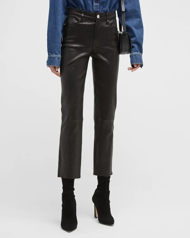 Le High Straight Cropped Slim Straight Leather Pants