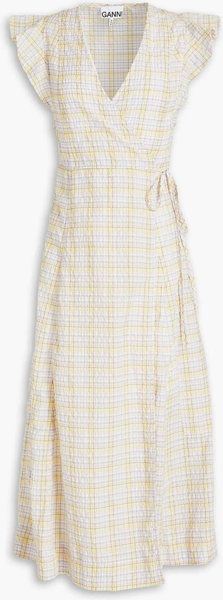 Checked cotton-blend seersucker midi wrap dress