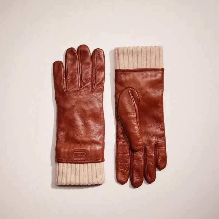 Restored Leather Knit Cuff Mixed Gloves