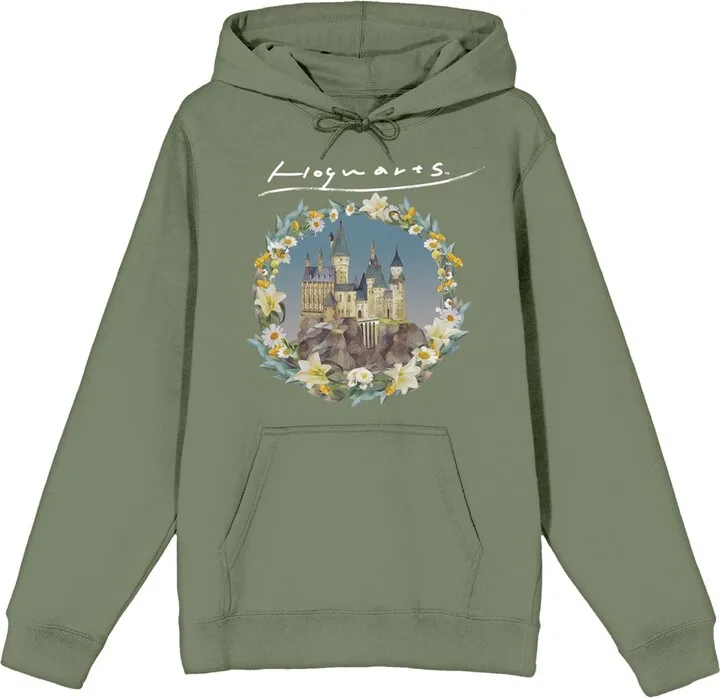 Harry Potter Hogwarts Castle Floral Art Long Sleeve Olive Adult Sweatshirt-Large