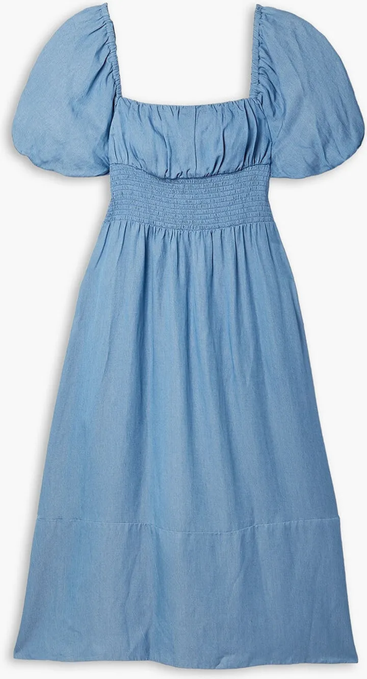 Gathered shirred twill midi dress