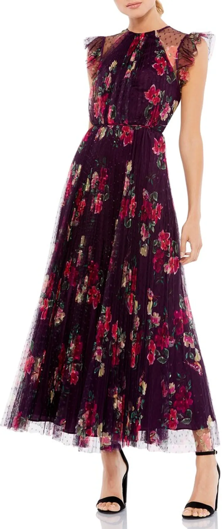Floral Ruffle Fit & Flare Tulle Evening Dress