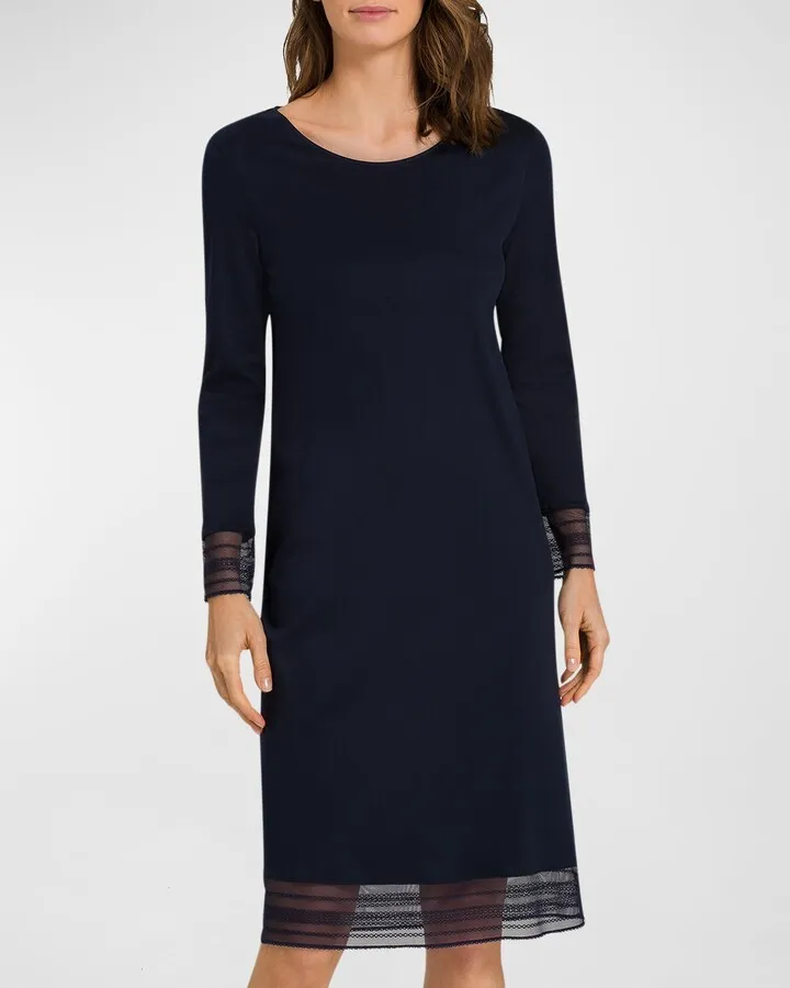 Sina Long-Sleeve Lace-Trim Nightgown