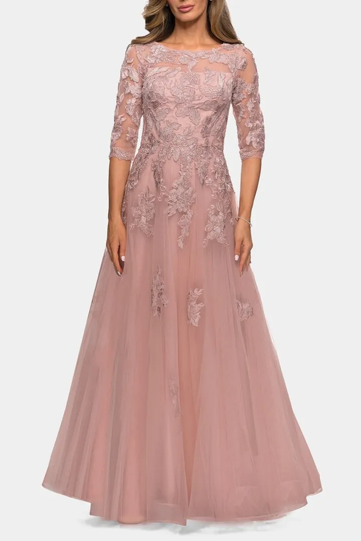 Three Quarter Sleeve A-Line Gown Floral Embellishments