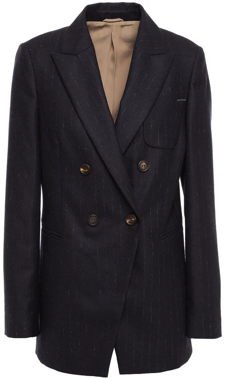Double-breasted embellished pinstriped wool-blend twill blazer
