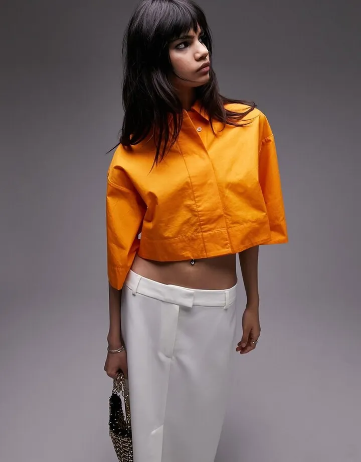Topshop cropped poplin short sleeve shirt in bright orange