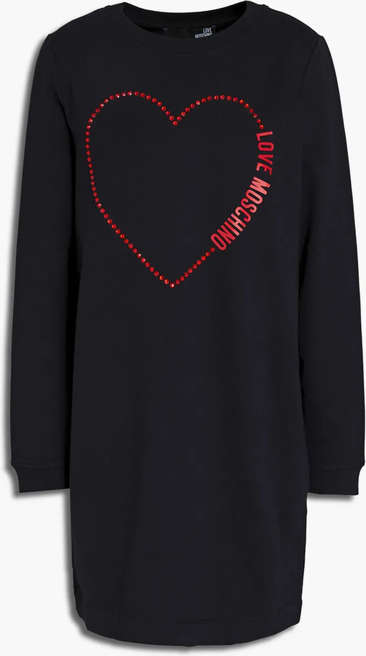 Crystal-embellished printed cotton-blend fleece mini dress