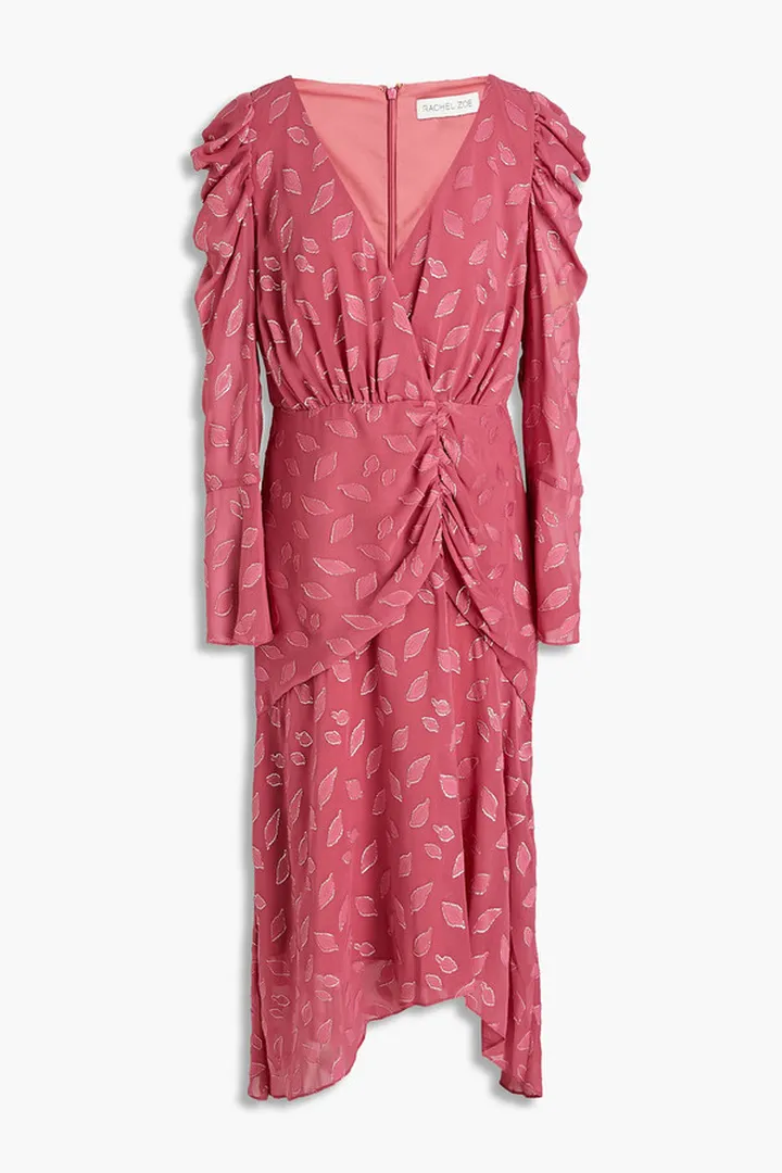 Asymmetric ruched fil coupé jacquard midi dress