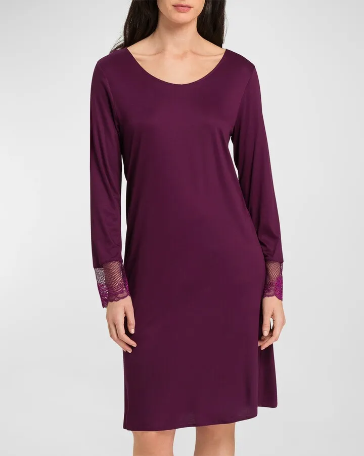 Lovis Long-Sleeve Lace-Trim Silk Nightgown