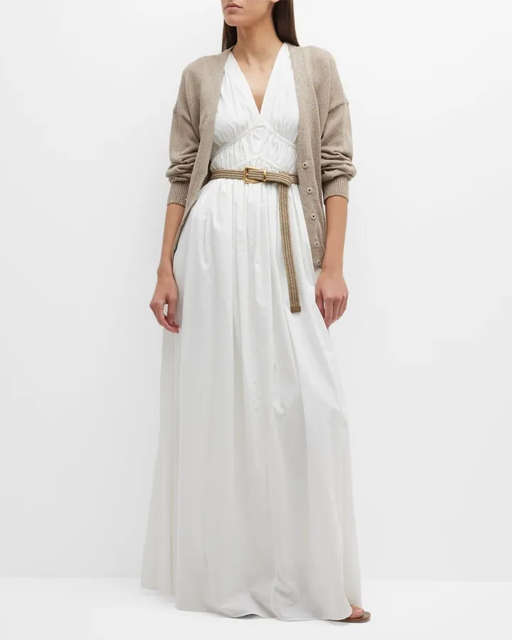 Pleated Cotton V-Neck Maxi Dress