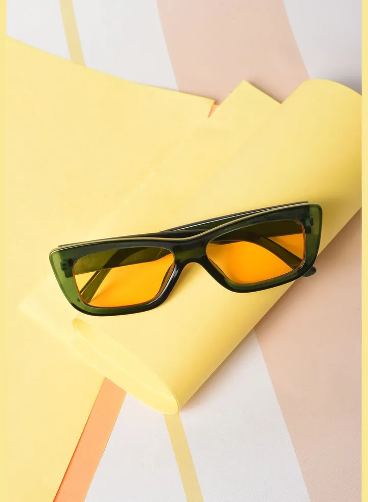 Women Yellow Lens Green Rectangle Sunglasses
