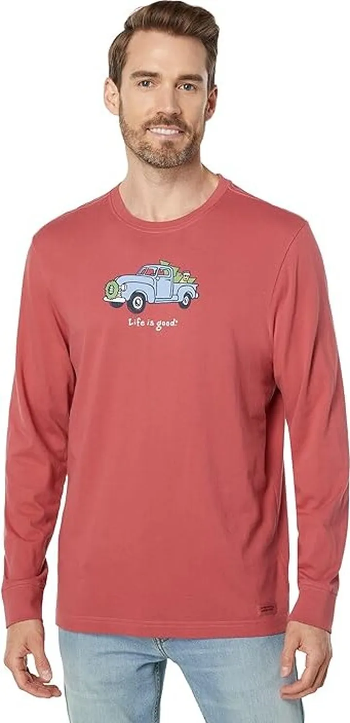 Life is Good Rocket Holiday Truck Long Sleeve Crusher Tee (Faded Red) Men's Clothing