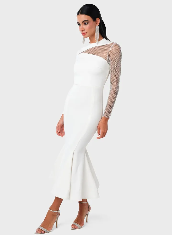 Diamonte Mesh Insert Peplum Hem Dress