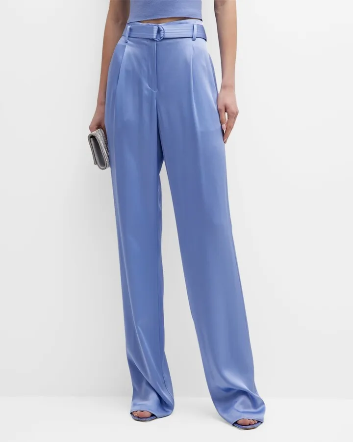 High-Rise Pleated Belted Wide-Leg Satin Pants