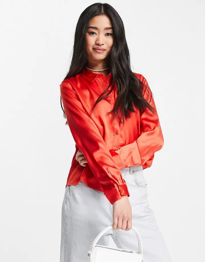 JDY Fifi satin long sleeve shirt in red
