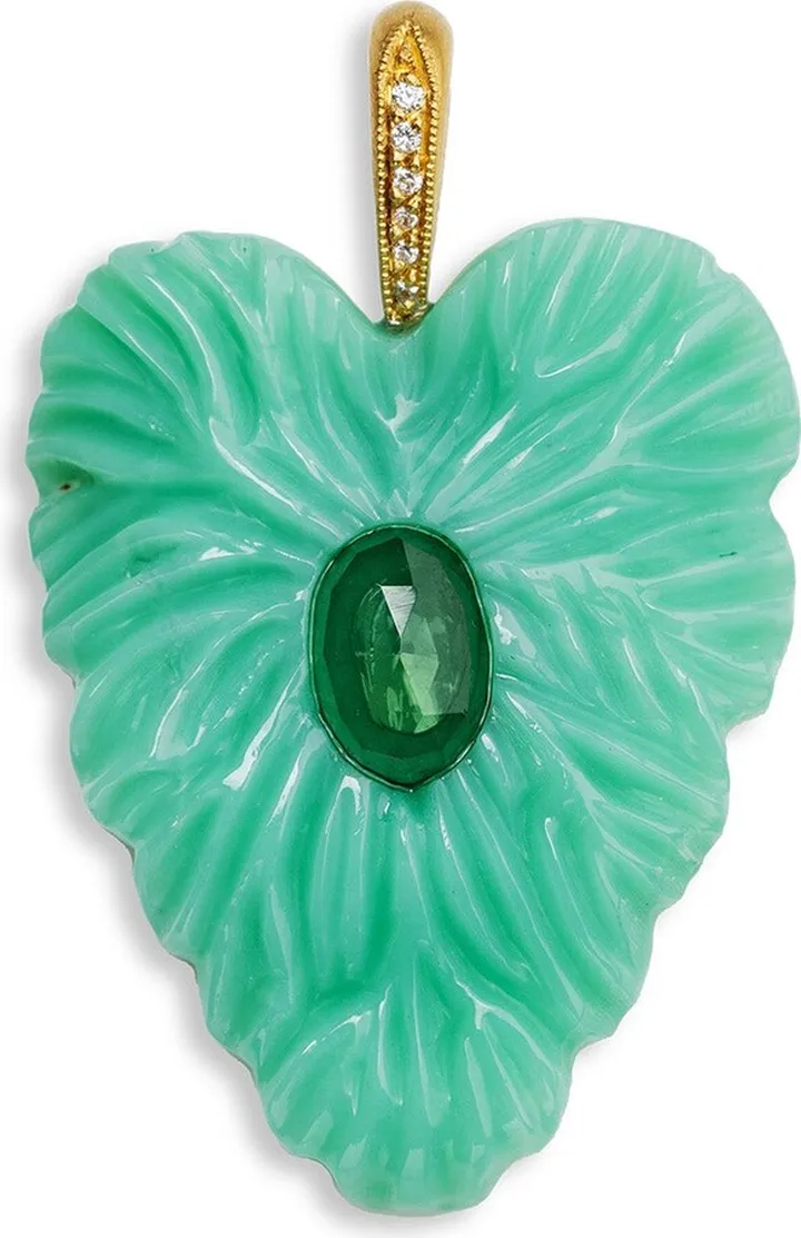 Chrysoprase and Green Tourmaline Leaf Yellow Gold Charm