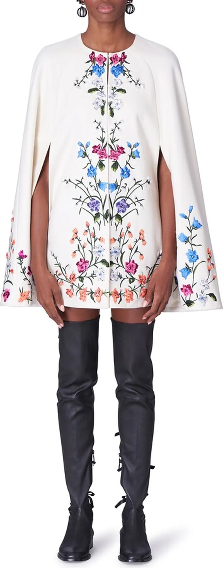 Floral Embroidered Virgin Wool Blend Cape