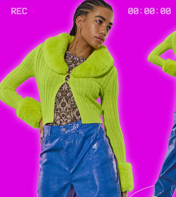 COLLUSION fur trim cardigan in lime