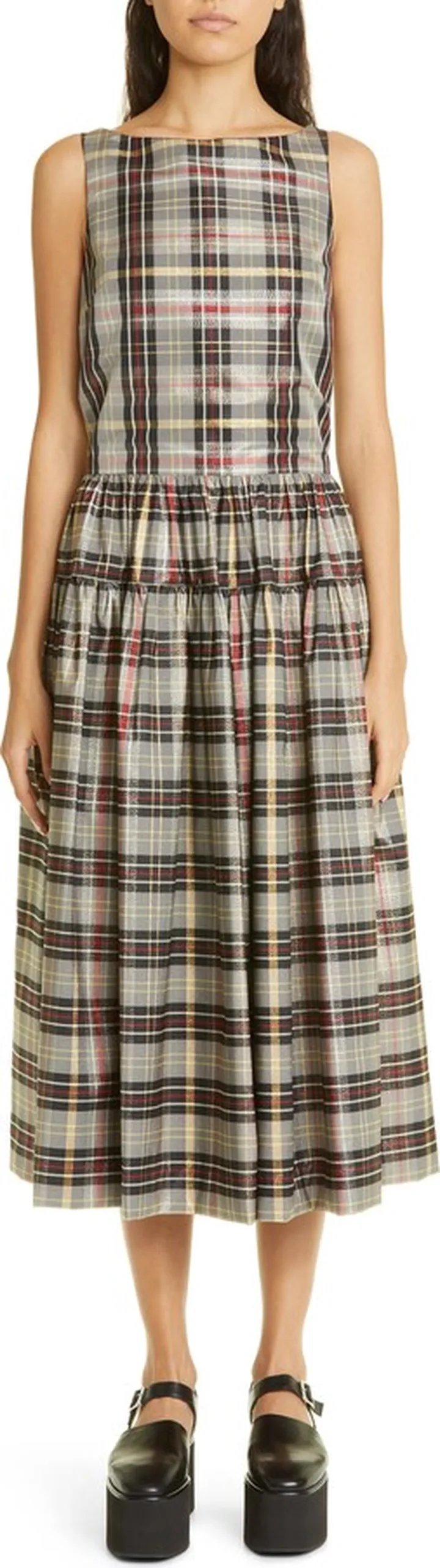 Bronson Metallic Tartan Tiered Midi Dress