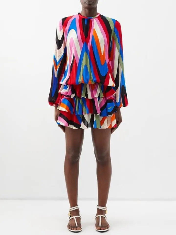Moire-print Ruffled Crepe Mini Dress