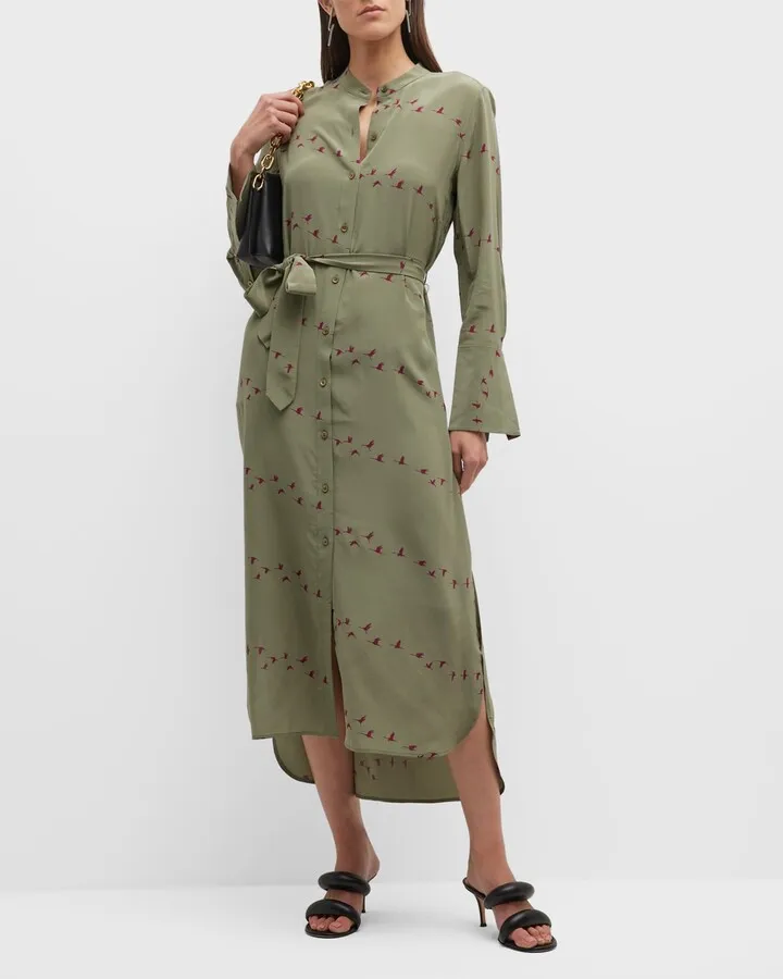 Connell Bird-Print Silk Tunic Dress