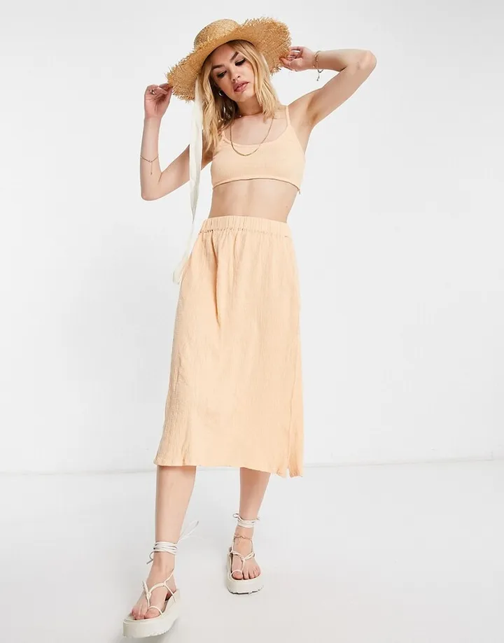 ASOS DESIGN crinkle split midi skirt in peach - part of a set