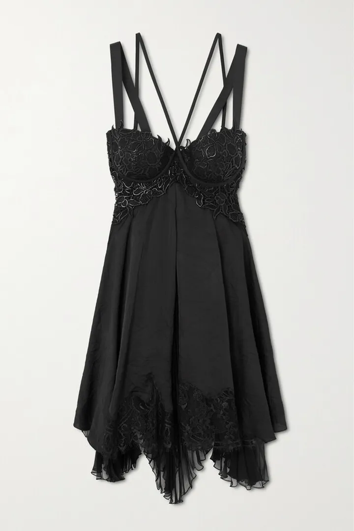 Versace - Lace-trimmed Crinkled-satin Mini Dress - Black