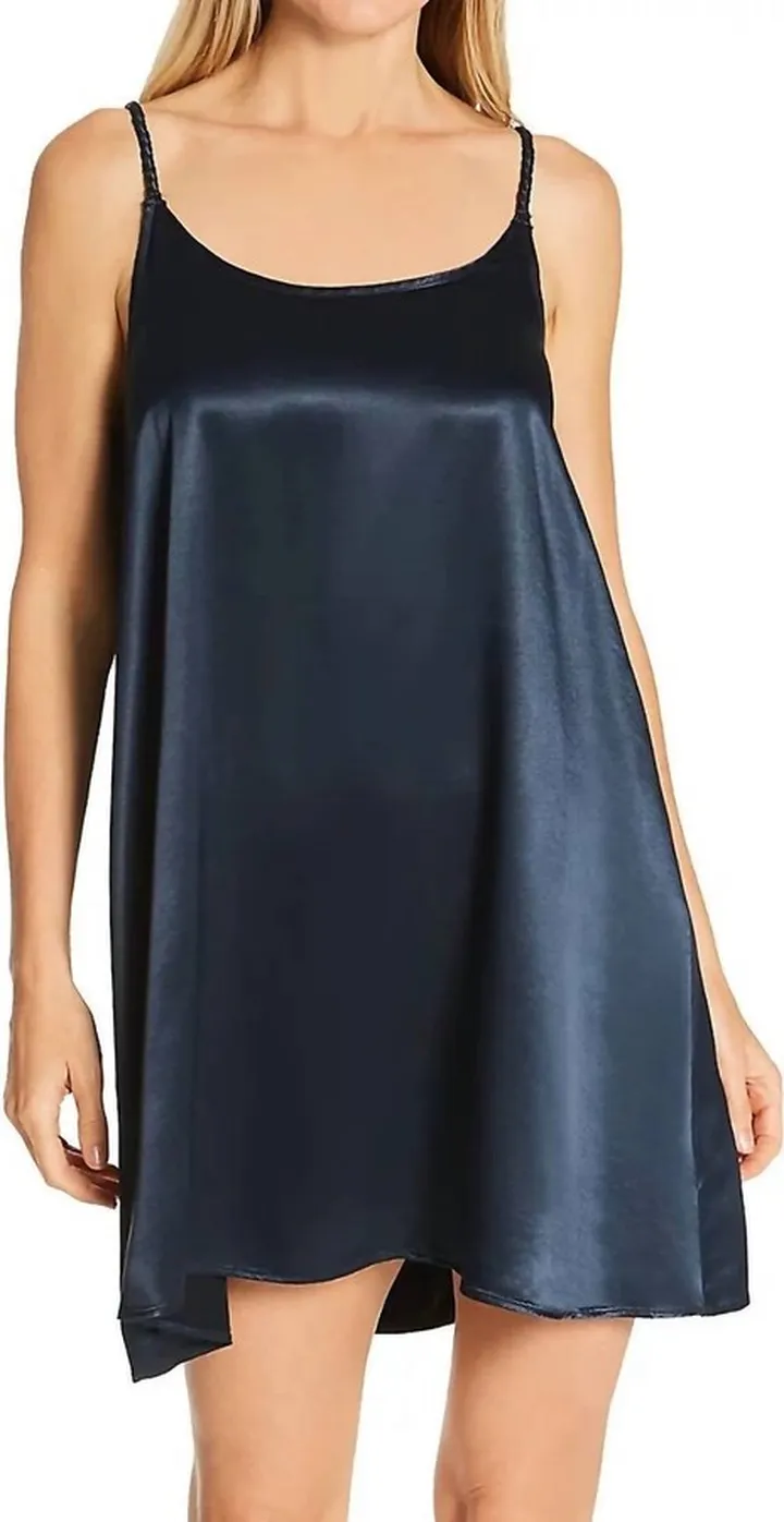 Rowen Satin Short Nightgown Braided Strap in Navy