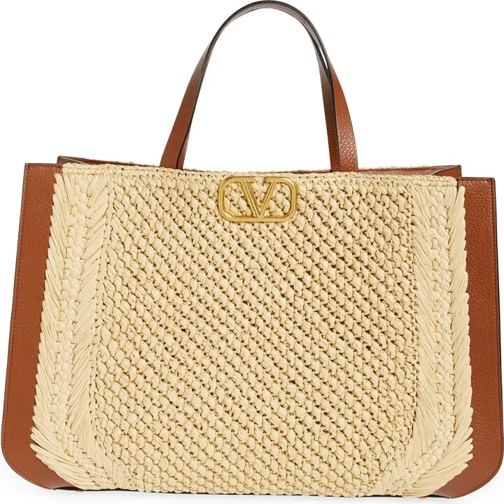 VLOGO Woven Raffia & Leather Tote