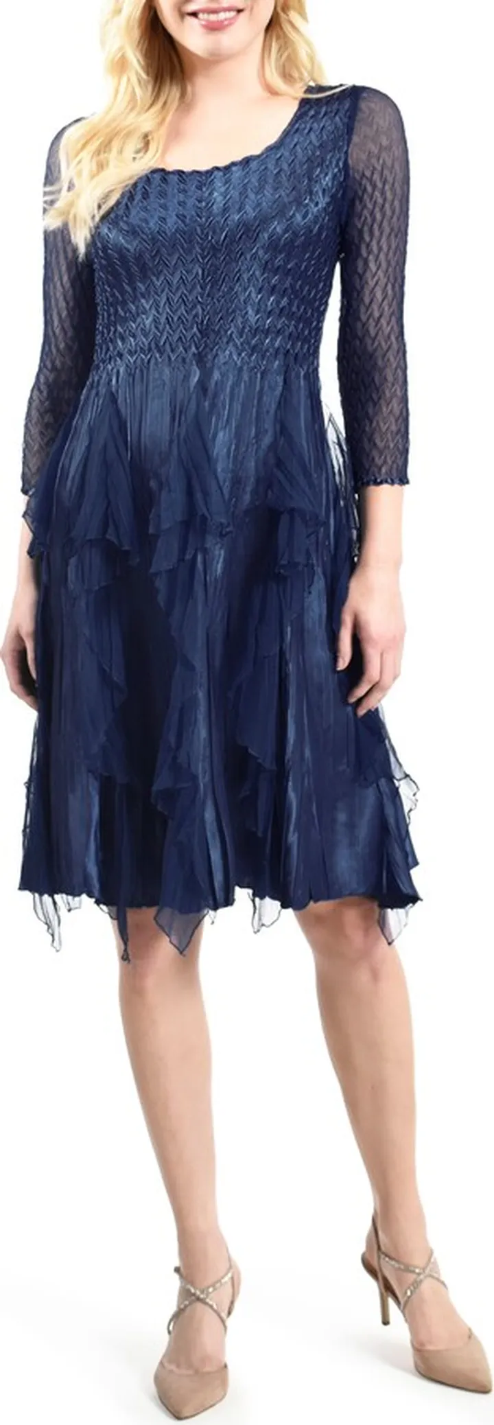 Ruffle Scoop Neck Charmeuse & Chiffon Cocktail Dress