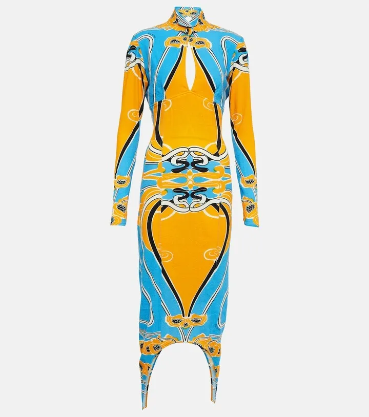 Printed cutout cotton-blend midi dress