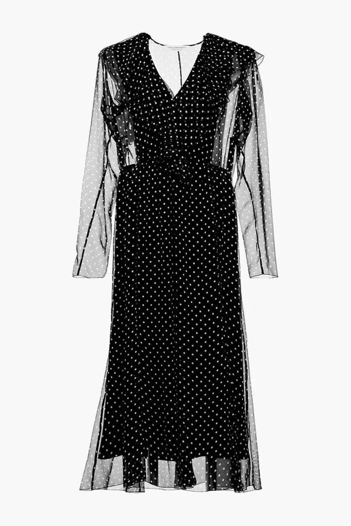 Ruffled polka-dot chiffon midi dress