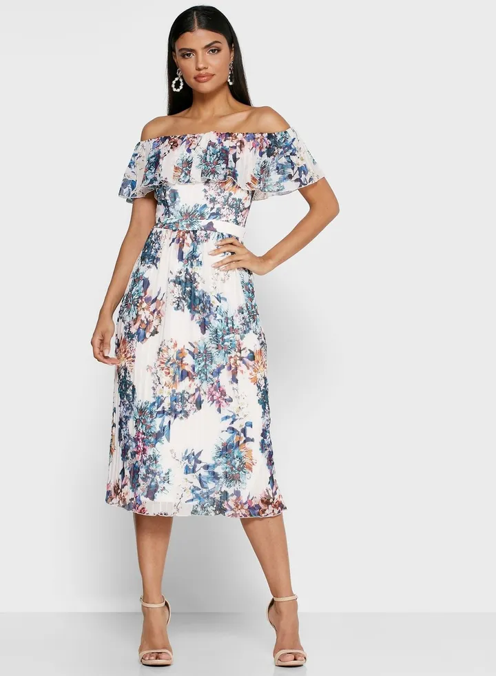 Little Mistress Kimberly Floral-Print Bardot Midi Dress