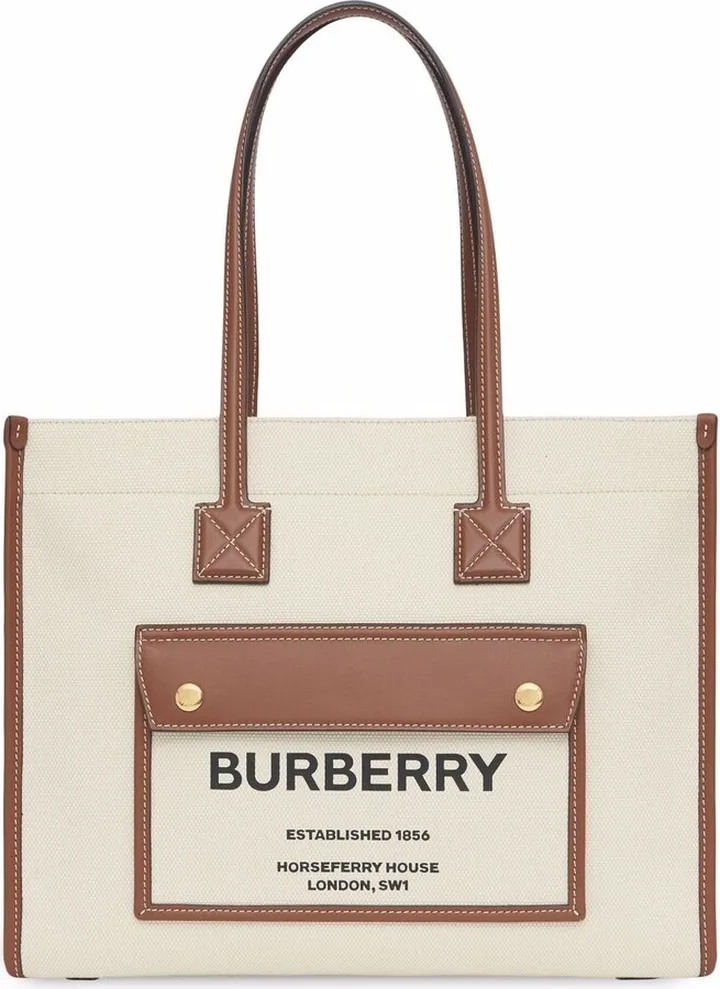 BURBERRY- Pocket Small Cotton And Leather Shopping Bag