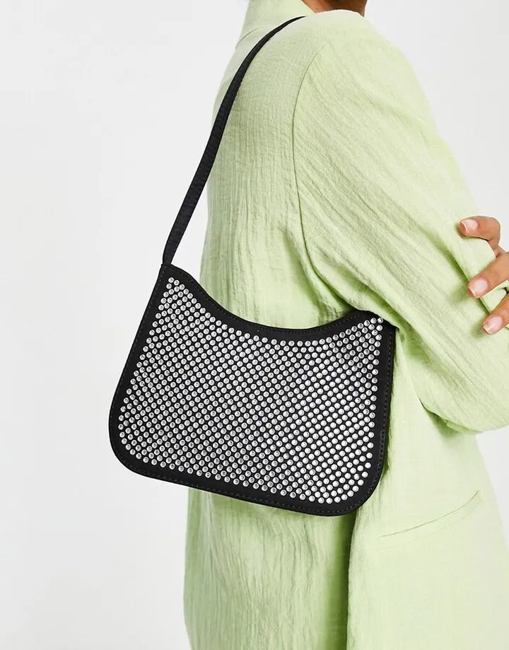 ASOS DESIGN step gusset diamante shoulder bag in black