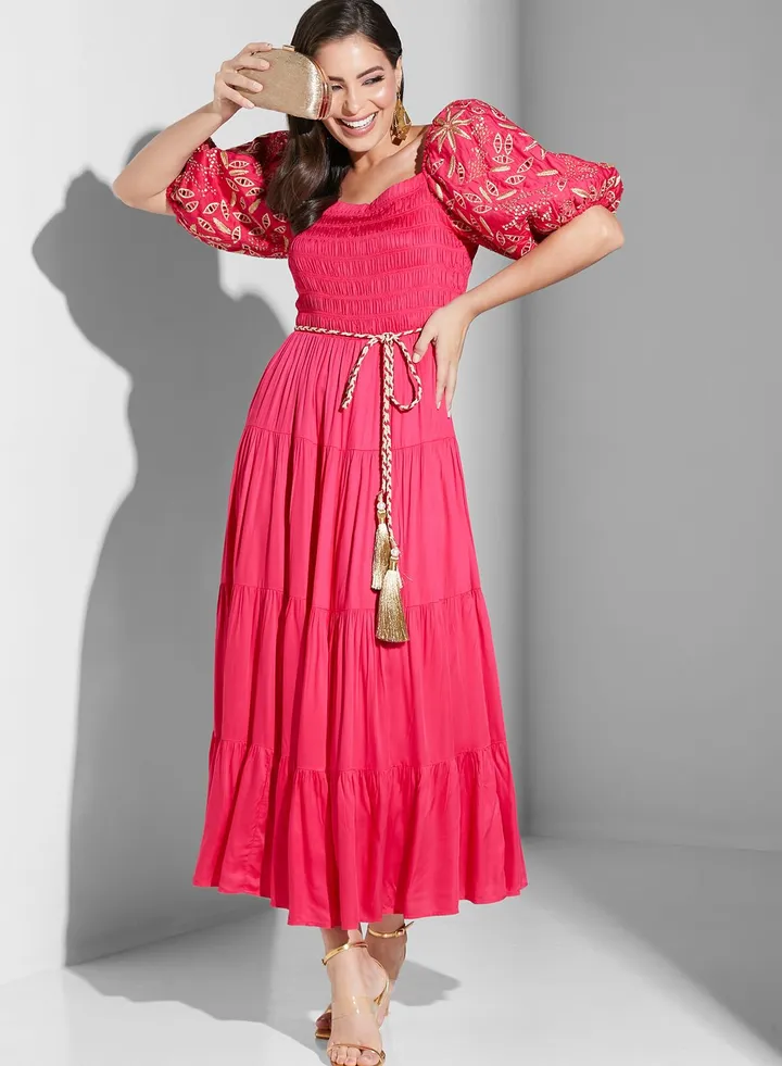 Balloon Sleeve Ruched Belted Dress