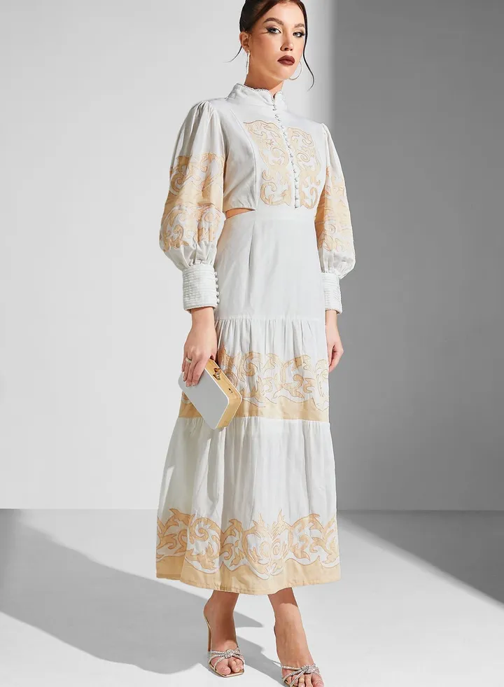 Embroidered Balloon Sleeve Dress