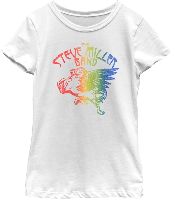 Girl's Steve Miller Band Rainbow Pegasus Logo T-Shirt - White - X Small