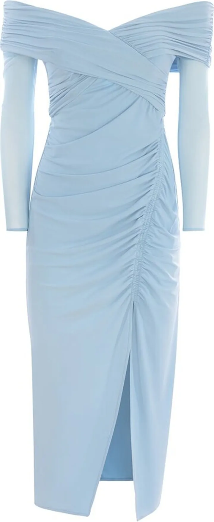 Self-Portrait Ruched Crossover Shoulder Midi Dress
