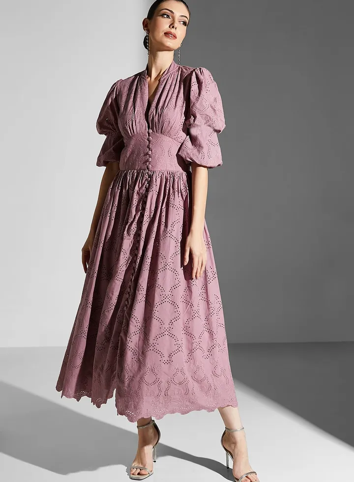 Puff Sleeve Embroidered Dress