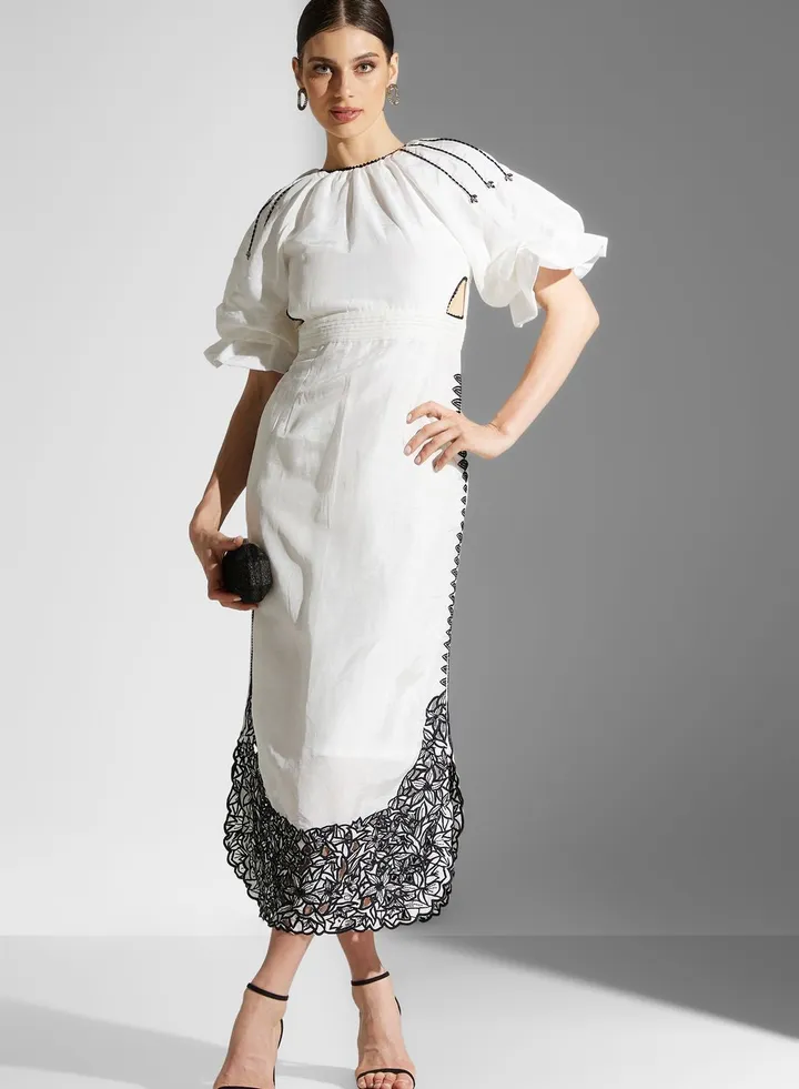 Balloon Sleeve Lace Hem Dress