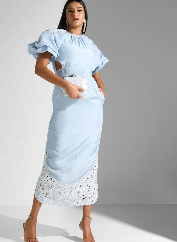 Balloon Sleeve Lace Hem Dress