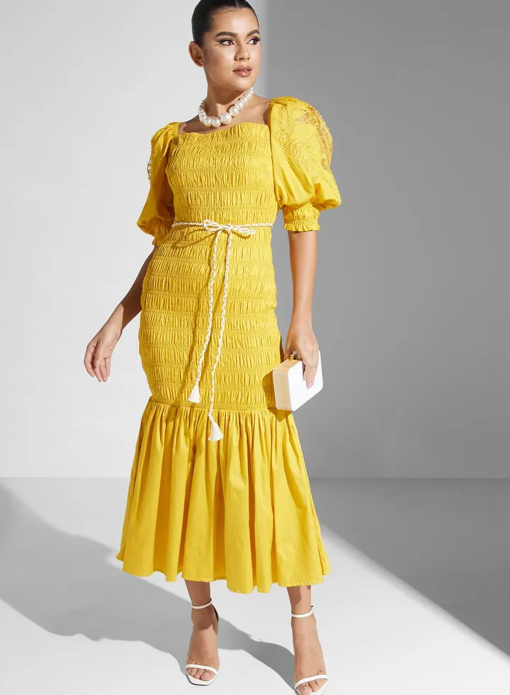 Balloon Sleeve Ruched Belted Dress